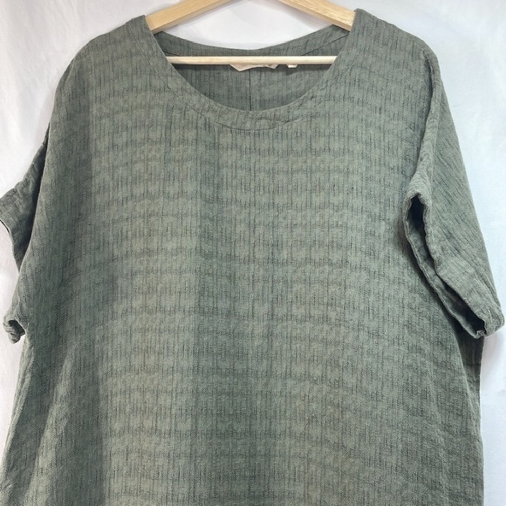 🐸 TXL soft surroundings sage cotton linen blend round neck short sleeve dress